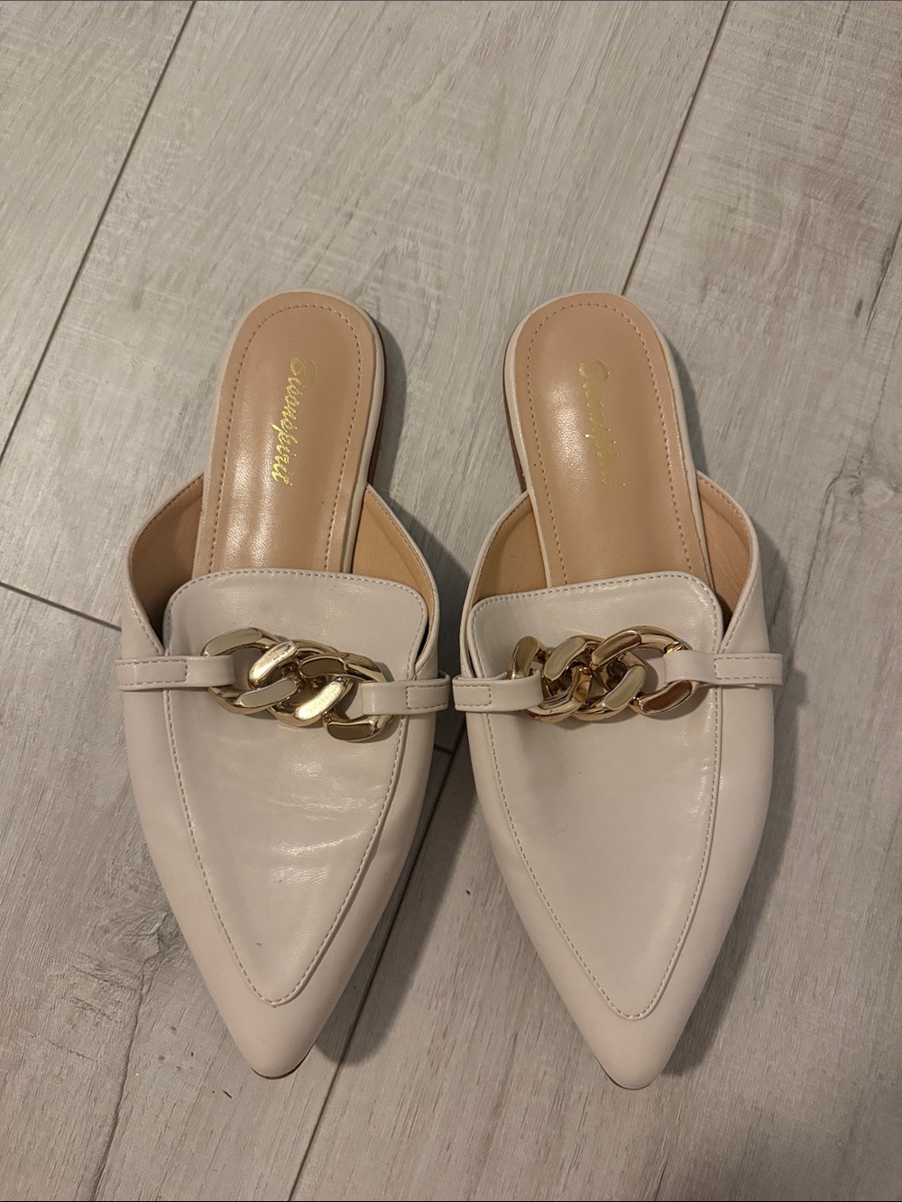 Pointed Toe Chain-Trim Slip-On Mules in Light Beige